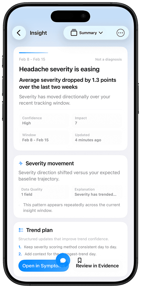 VitalSync app insight screen with summary and next-step guidance