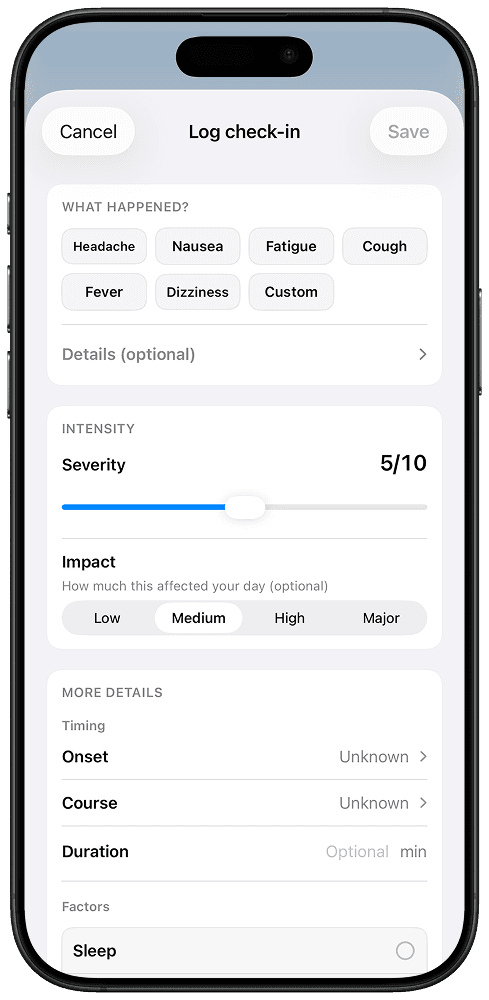 VitalSync app check-in flow screen with structured symptom logging