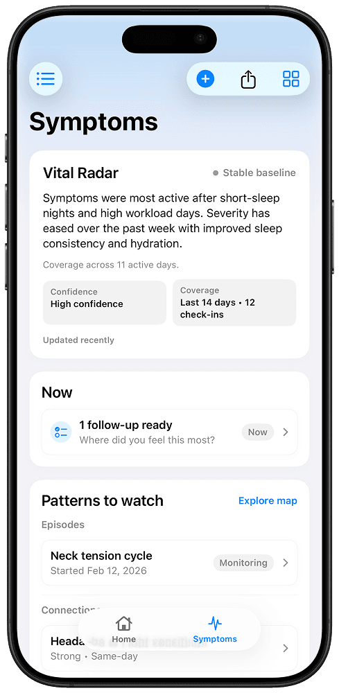 VitalSync app symptom timeline screen with filters and recent check-ins