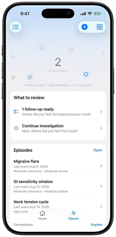 VitalSync Signals screen organizing a personal health history for review.